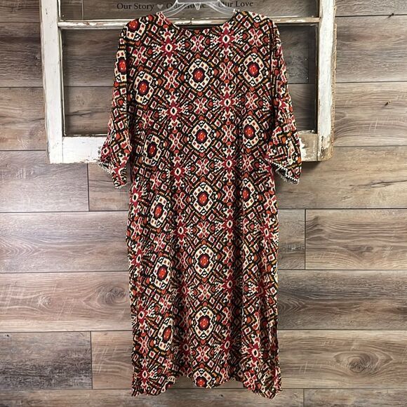 JMD Kaftan Tunic Dress Sequined Metallic Trim Southwestern Print Red Black Tan - Picture 9 of 10